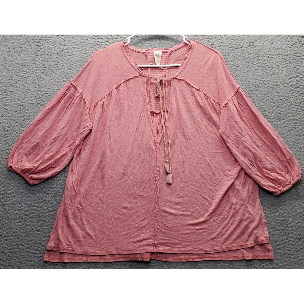 We The Free FP Blouse Top Womens S Pink Linen Blend Tie Neck Smocked Back Boho